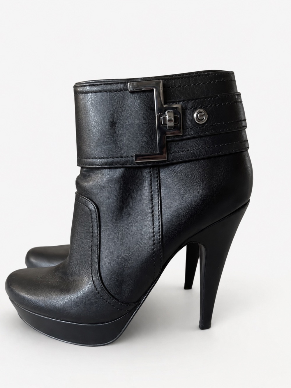 Guess Women's Black High-Heel Platform Ankle Boot with Buckle